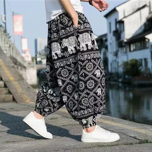 泰国大象沙滩裤子男中国风印花束脚哈伦裤大码宽松潮牌阔腿灯笼裤