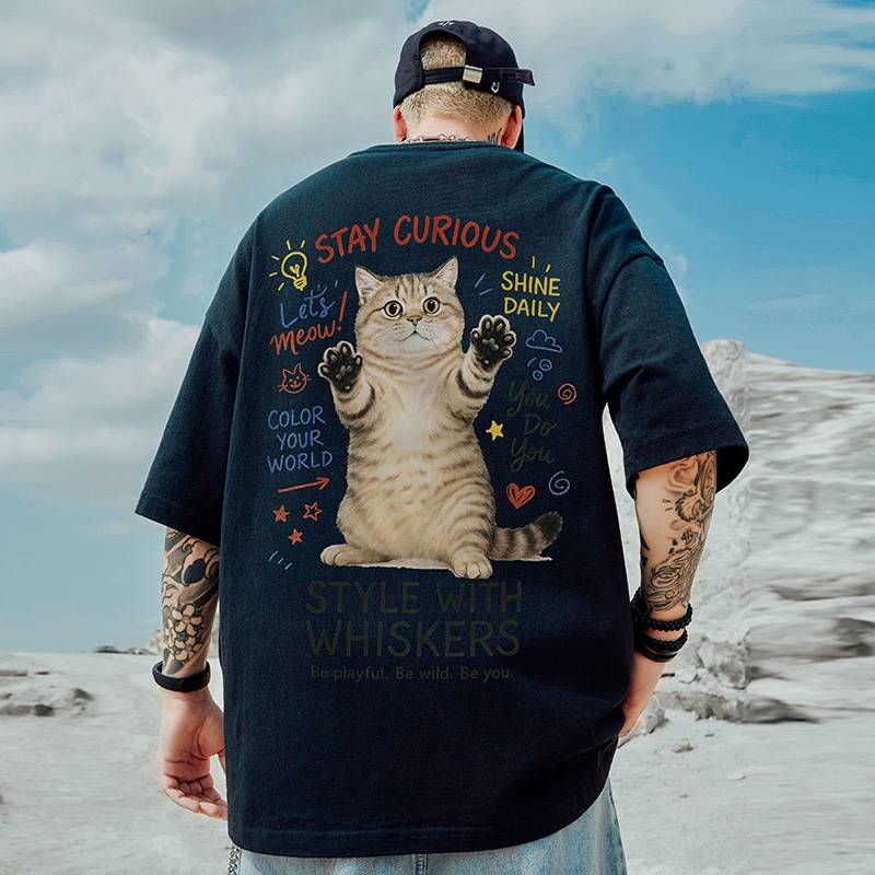 美式潮牌猫咪宽松T恤短袖五分袖加肥加大码胖子男装夏季薄款上衣