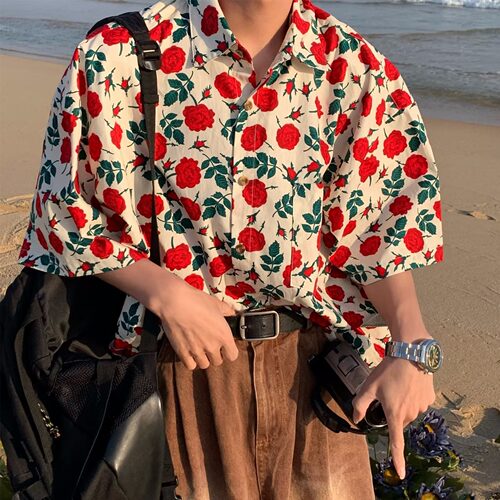 夏威夷复古玫瑰满印短袖男衬衫