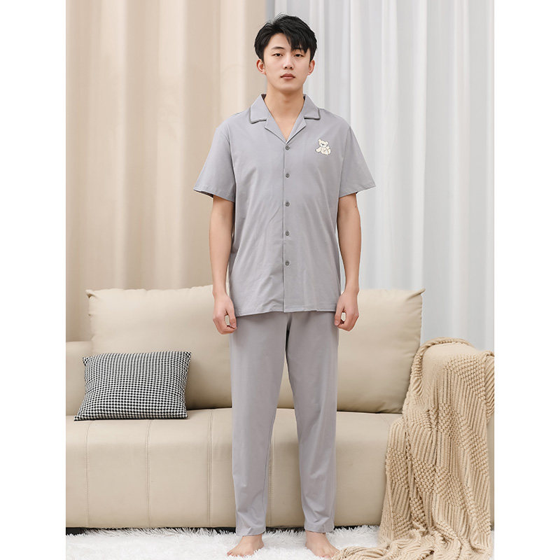 帝日斯诺纯棉男士家居服短袖长裤套装舒适透气小熊印花翻领睡衣 - 实物图