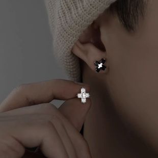 铜合金耳饰 镜面耳钉男潮流个性男款十字架法式独特设计高级感ins