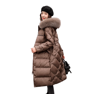 羽绒服女中长款2022年新款爆款狐狸大毛领抽绳收腰修身白鸭绒外套