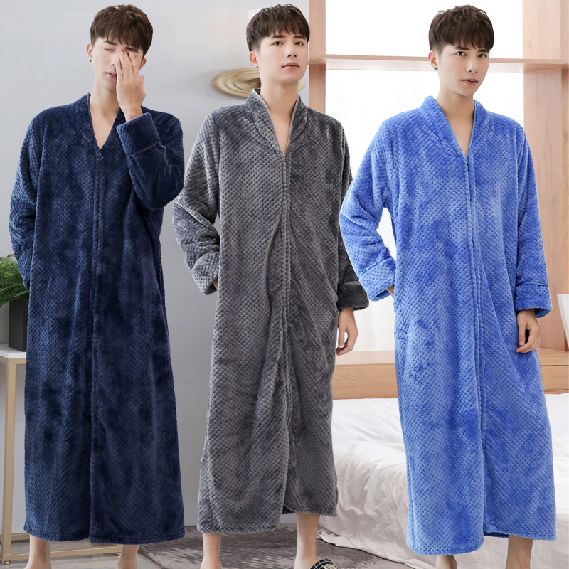 加长款拉链保暖情侣浴袍连体睡衣