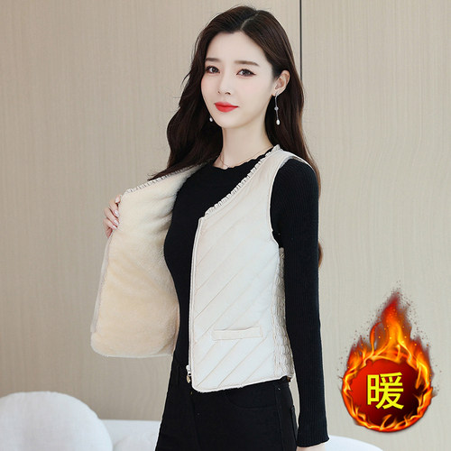 女士羽绒绵马甲女2023新款加绒保暖修身背心中老年坎肩秋冬短款