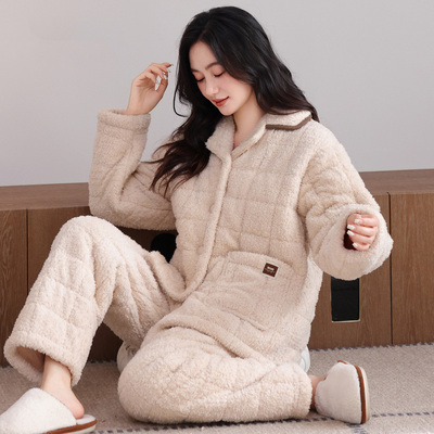 睡衣女款冬季2025新款三层夹棉珊瑚绒加厚加绒秋冬款法兰绒家居服