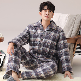 睡衣男士冬季三层加厚加绒纯棉夹棉袄秋冬款珊瑚绒大码家居服套装