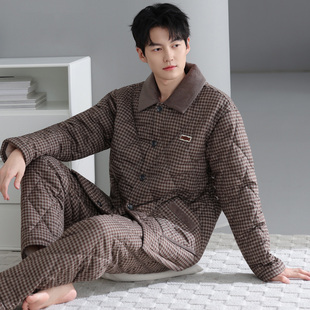 睡衣男士冬季三层加厚加绒梭织纯棉夹棉秋冬款珊瑚绒加大码家居服
