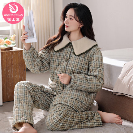 睡衣女款冬季加厚加绒珊瑚绒三层夹棉高级感秋冬款2024新款家居服