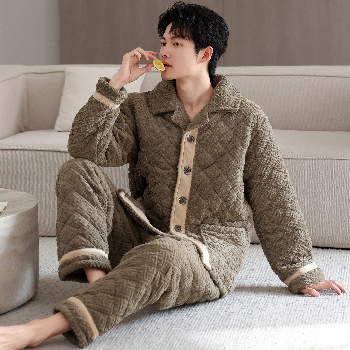 睡衣男款冬季三层夹棉袄珊瑚绒加厚加绒秋冬款高级感法兰绒家居服