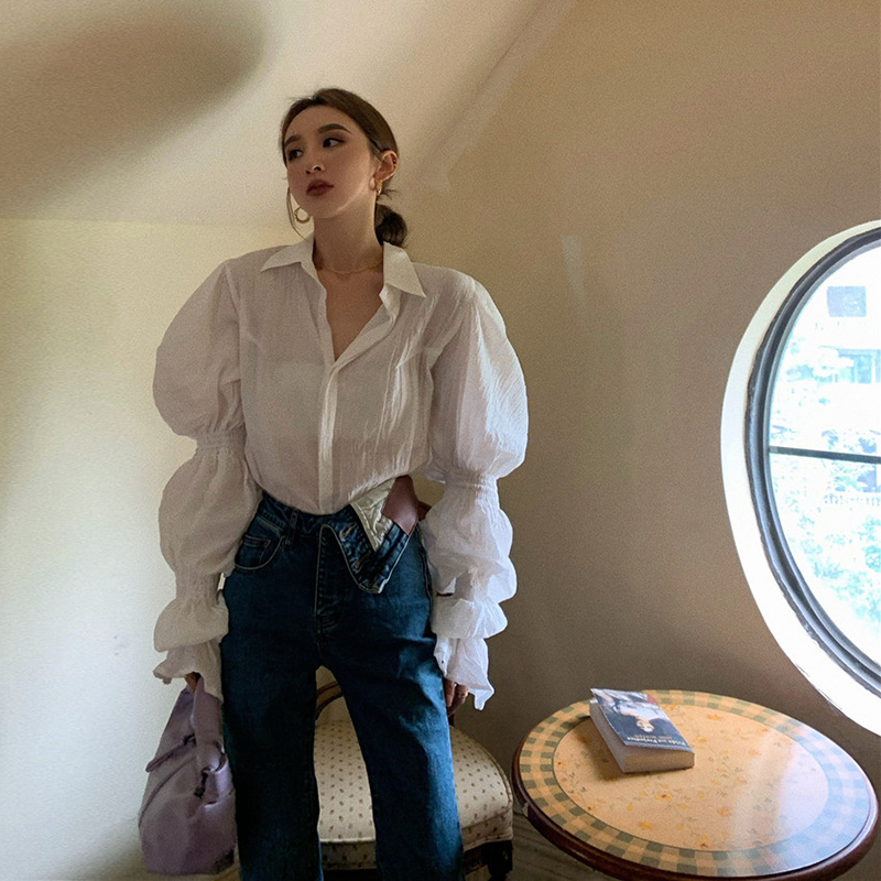 Sunscreen shirt thin design sense of minority Korean Style Lantern Sleeve loose summer medium long white Long Sleeve Blouse women