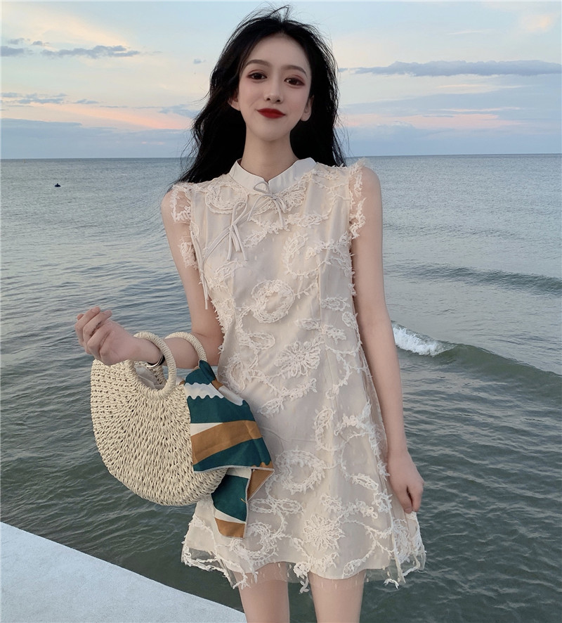 蕾丝无袖改良版气质盘扣旗袍连衣裙女高腰显瘦短裙子夏季2019新款(非品牌)