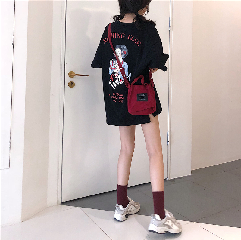 港味潮版学生中长款开叉上衣女2018夏季新款印花宽松大码短袖T恤