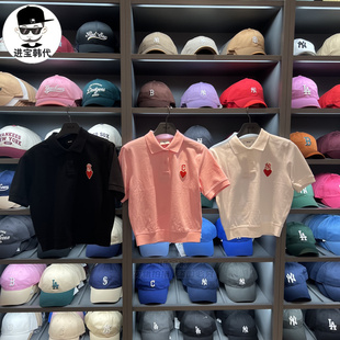 进宝家 MLB短袖女2024夏POLO领爱心印花粉色潮牌T恤 PQH02