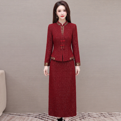 红色修身显瘦妈妈礼服两件套
