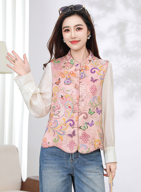 新中式风立领单排扣红色马甲女短款显瘦百搭提花背心2026春秋季潮