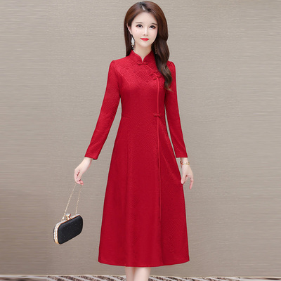 喜庆婚宴穿搭红色提花旗袍裙