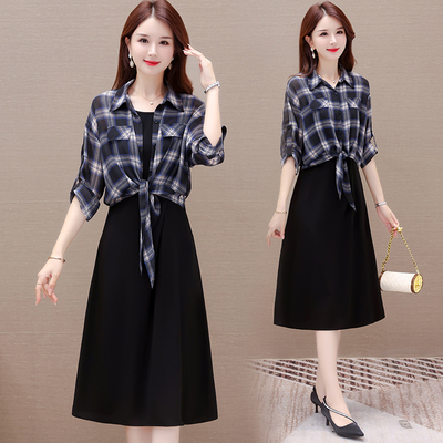 御姐风A字裙格子两件套中性减龄