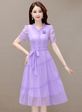 时尚紫色连衣裙女2025年新款夏装气质减龄女神范遮肚子显瘦裙子潮