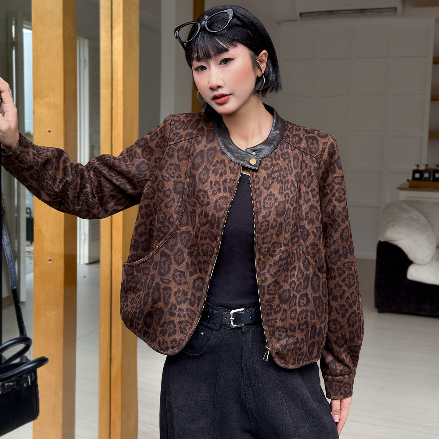 豹纹园领宽松显瘦短外套女新款