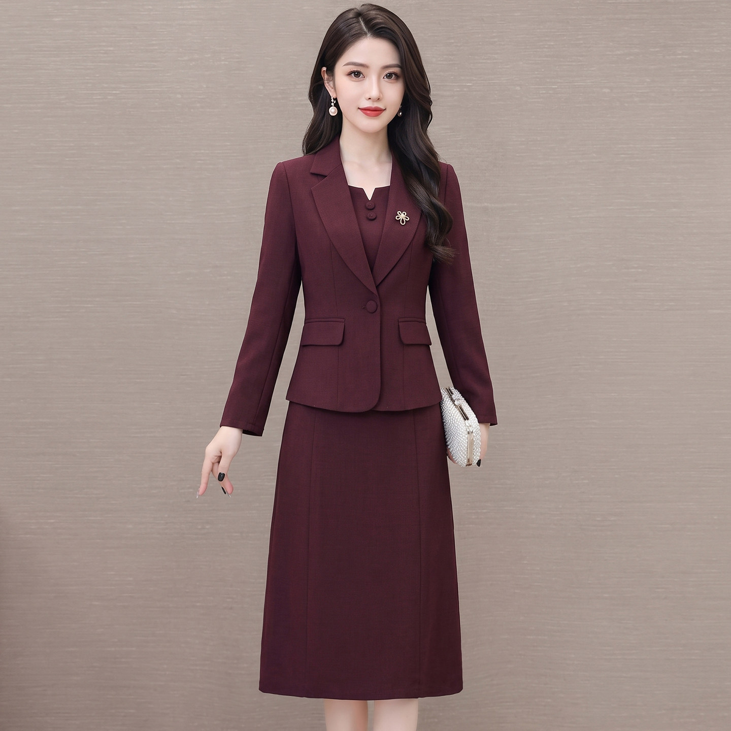 优雅红色修身显瘦礼服两件套女