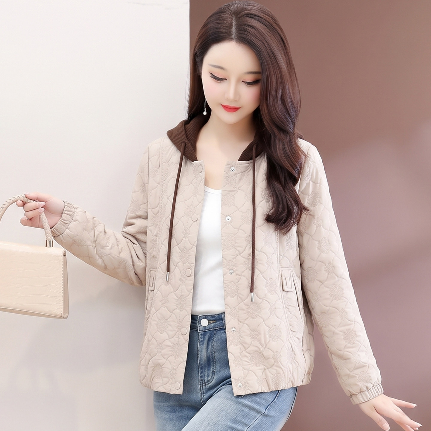 小香风二棉连帽短外套女显瘦