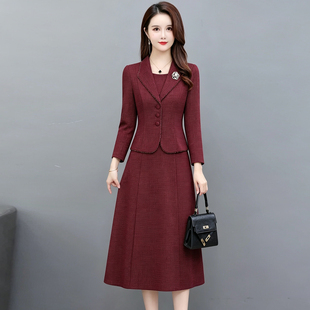 红色西服连衣裙假两件2026年春秋新款气质减龄女神范遮肚显瘦裙子