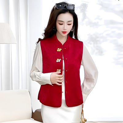 新中式立领红马甲女春秋显瘦
