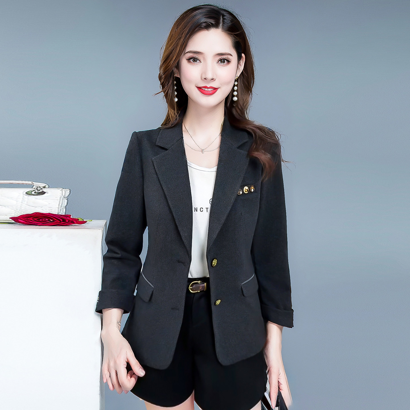御姐范灰色小西装外套女显瘦