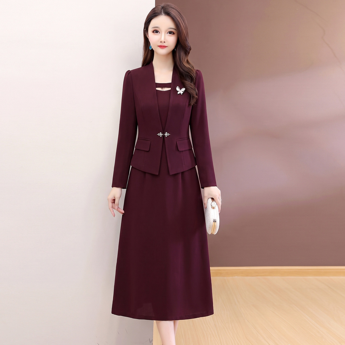 成熟气质优雅风套装女2026春秋季新款修身收腰显瘦礼服两件套裙潮