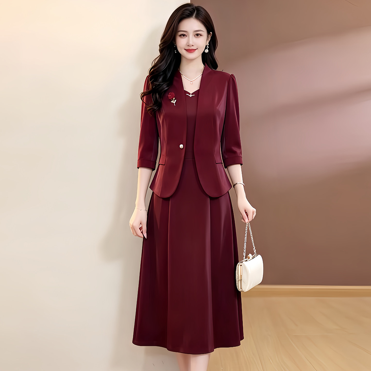 红色宴席修身显瘦礼服两件套女