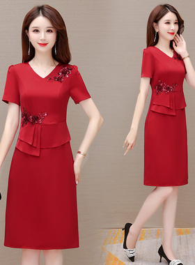 红色喜婆婆连衣裙女2023年新款夏装小个子气质减龄遮肚子显瘦裙子