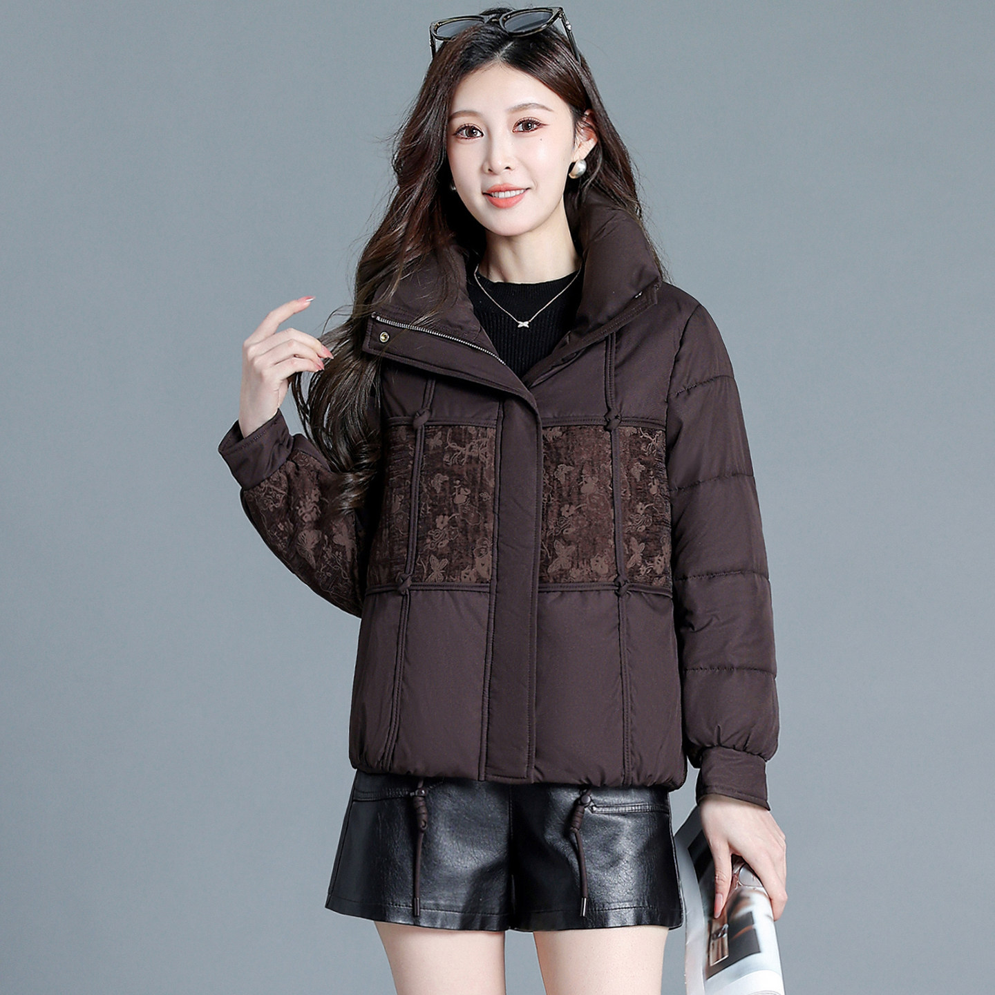 蕾丝拼接羊绒短款显瘦女棉服