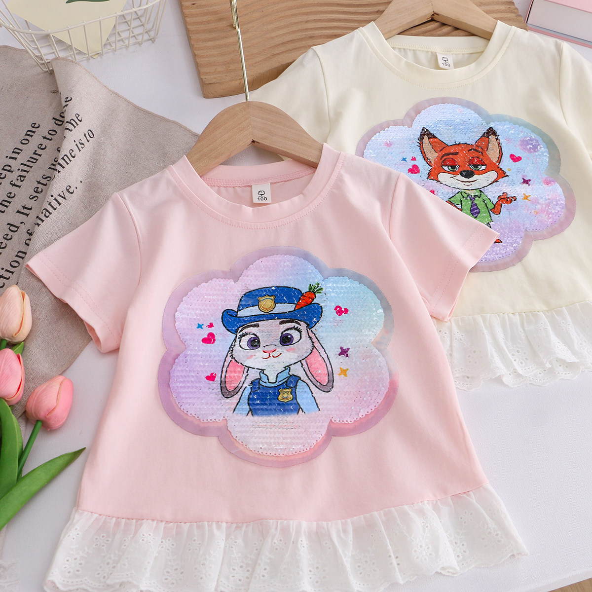 女童纯棉动物城朱迪变色亮片裙衫 夏儿童短袖小女孩女宝中长款t恤