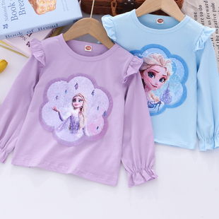 女童纯棉变色亮片长袖t恤 春秋款儿童装小女孩宝宝卡通上衣体恤衫