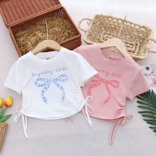 女童纯棉抽绳短袖T恤25夏季款儿童小女孩宝宝半袖短款时尚上衣潮