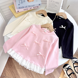 女童纯棉蕾丝花边蝴蝶结裙衫长袖t恤 25春秋儿童小女孩中长款上衣