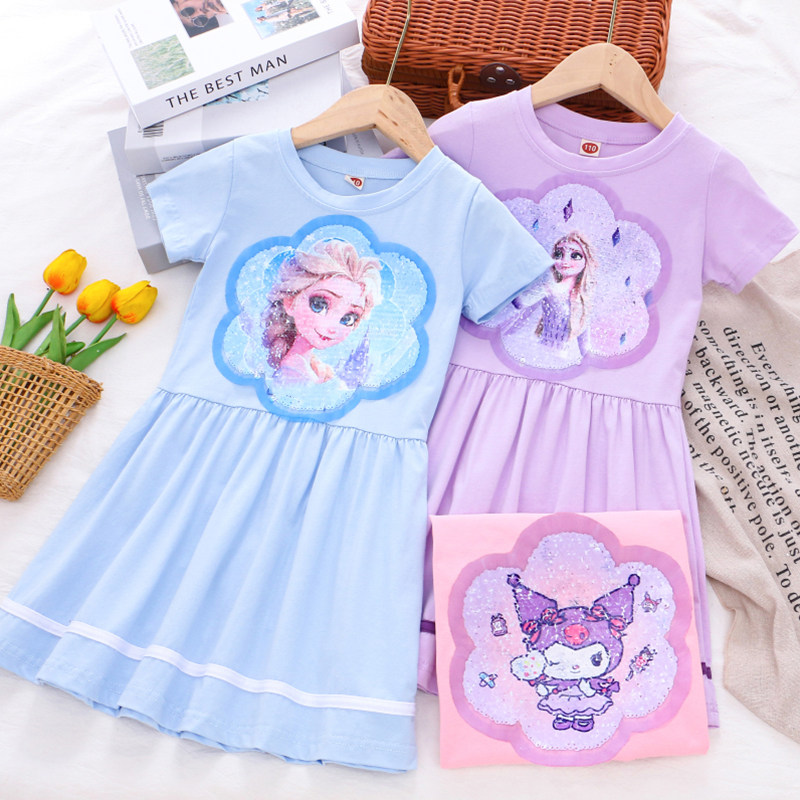 女童纯棉变色亮片连衣裙26夏季童装儿童小女孩女宝公主裙短袖裙子