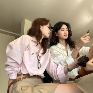 衬衫 LIMON柠檬绿茶韩系慵懒风条纹长袖 女小马刺绣 宝藏THE Gary