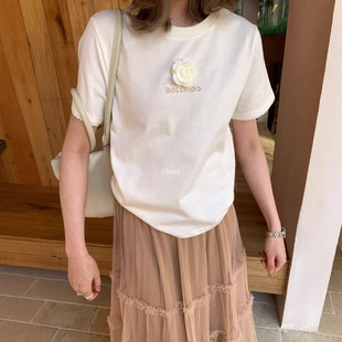 韩系chic立体花朵刺绣百搭显瘦圆领短袖 Gary 宝藏Hers一勺甜夏季