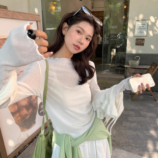 t恤女白色宽松叠穿减龄感 limon柠檬绿茶木耳边长袖 gary 宝藏the