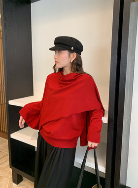 万为 复古红色上衣女2025秋季新款围巾领披肩式围裹套头毛衣P4210