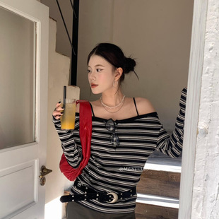 韩系复古风条纹撞色边一字肩套头长袖 Gary 春季 STUDIO 宝藏MZI