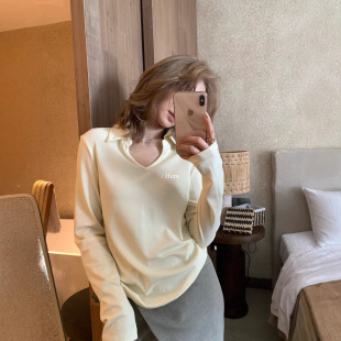 Gary 宝藏Hers一勺甜春夏韩系简约日常通勤百搭V领Polo正肩长袖