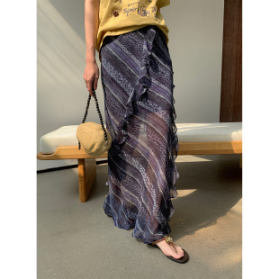 Gary 宝藏NEIHE内赫2026度假风侧开叉斜纹花料直筒半身长裙子女