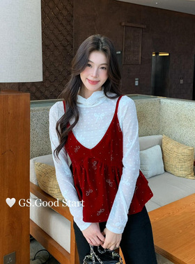 GS.GOOD START早春法式复古丝绒烫钻背心+波点小衫两件套装G6932U