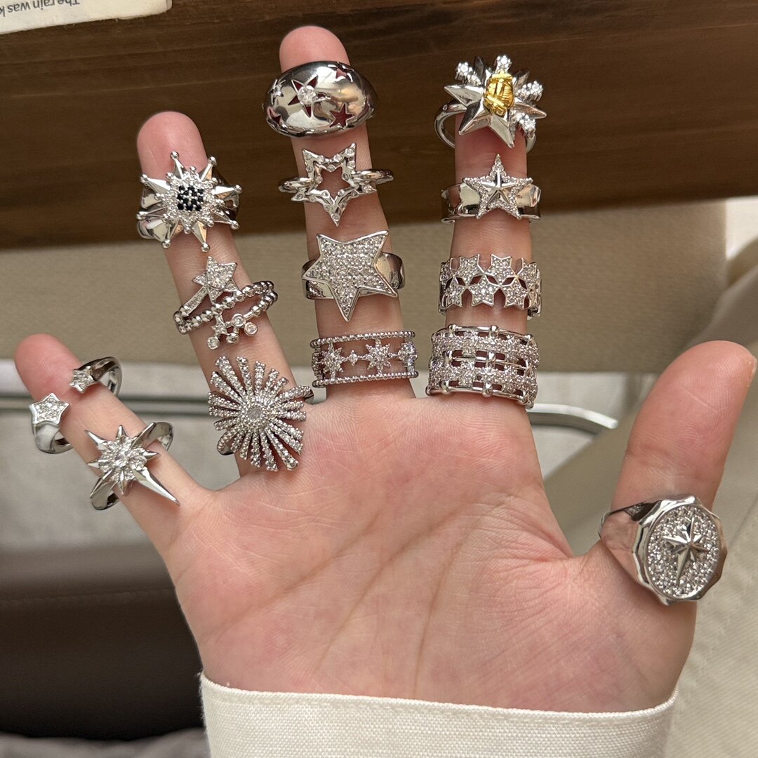 陌然欧美重工做旧银色星星太阳花镶钻开口戒指 ins亚比朋克叠戴