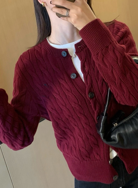 2025秋冬新款韩版宽松显瘦圆领麻花针织开衫女百搭毛衣外套上衣