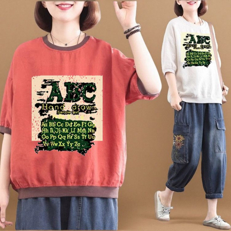夏装棉麻新款韩版大码遮肉减龄套头复古印花洋气休闲短袖T恤女