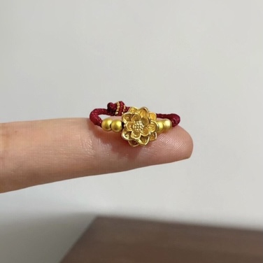 纯金新款黄金莲花小金珠戒指足金999指环送女友七夕老婆生日礼物