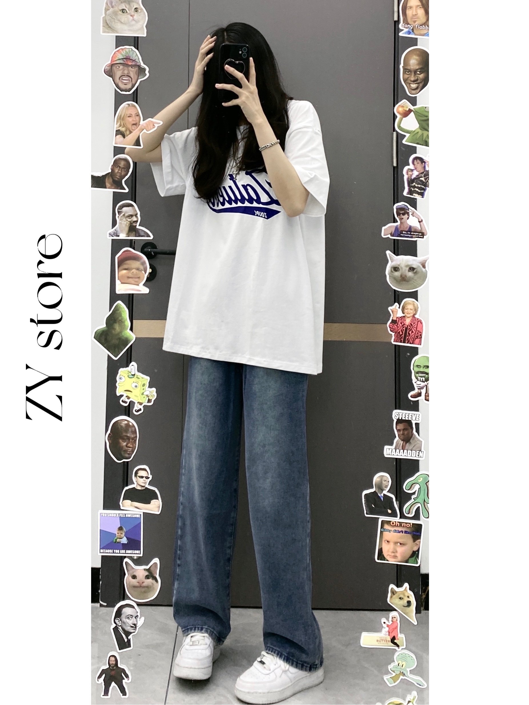 zy潮人馆 字母oversize短袖t恤女宽松新款夏季半袖上衣牛仔裤套装